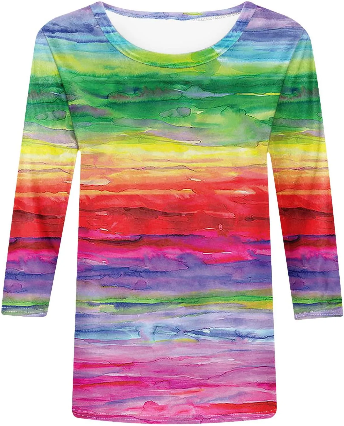 DASAYO Womens Fashion 2024 3/4 Sleeve Shirts Crewneck Casual Plus Size Tops for Women Trendy Tie Die Print Going Out Tops