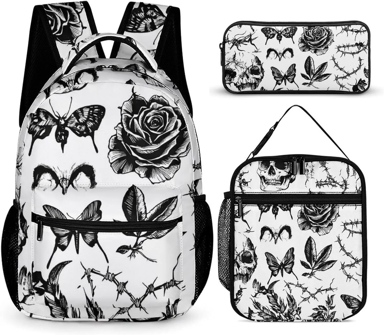 Death Roses Skull Thorn Flowers 3 Pcs Backpacks Set Combination 16“ Travel Backpack Portable Lunch Bag Pencil Case for Unisex