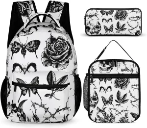 Death Roses Skull Thorn Flowers 3 Pcs Backpacks Set Combination 16“ Travel Backpack Portable Lunch Bag Pencil Case for Unisex