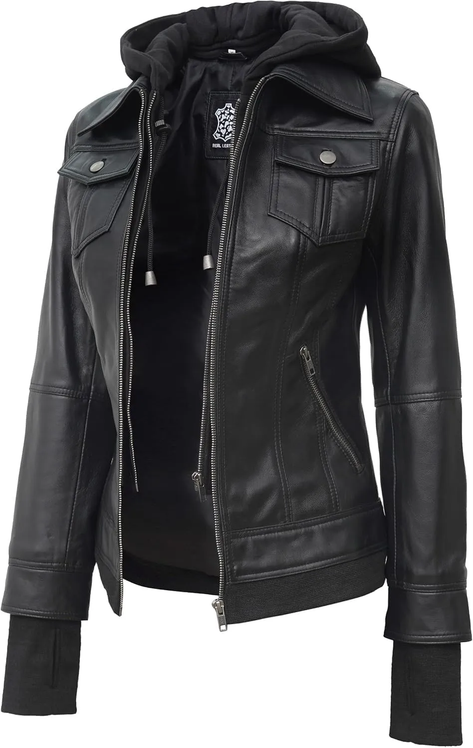 Decrum Hooded Leather Jacket Women - Real Lambskin Womens Leather Jacket with Removable Hood