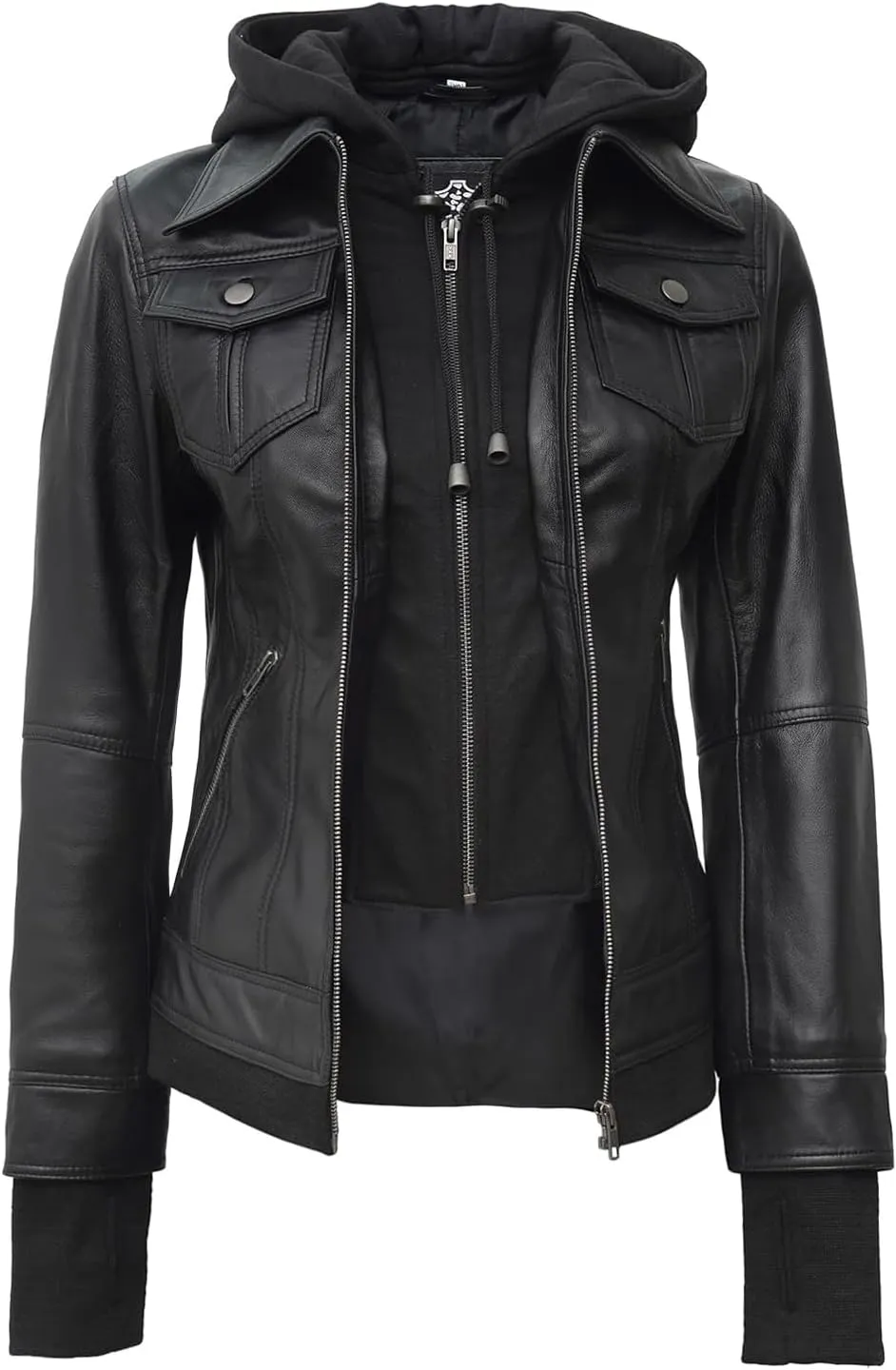 Decrum Hooded Leather Jacket Women - Real Lambskin Womens Leather Jacket with Removable Hood