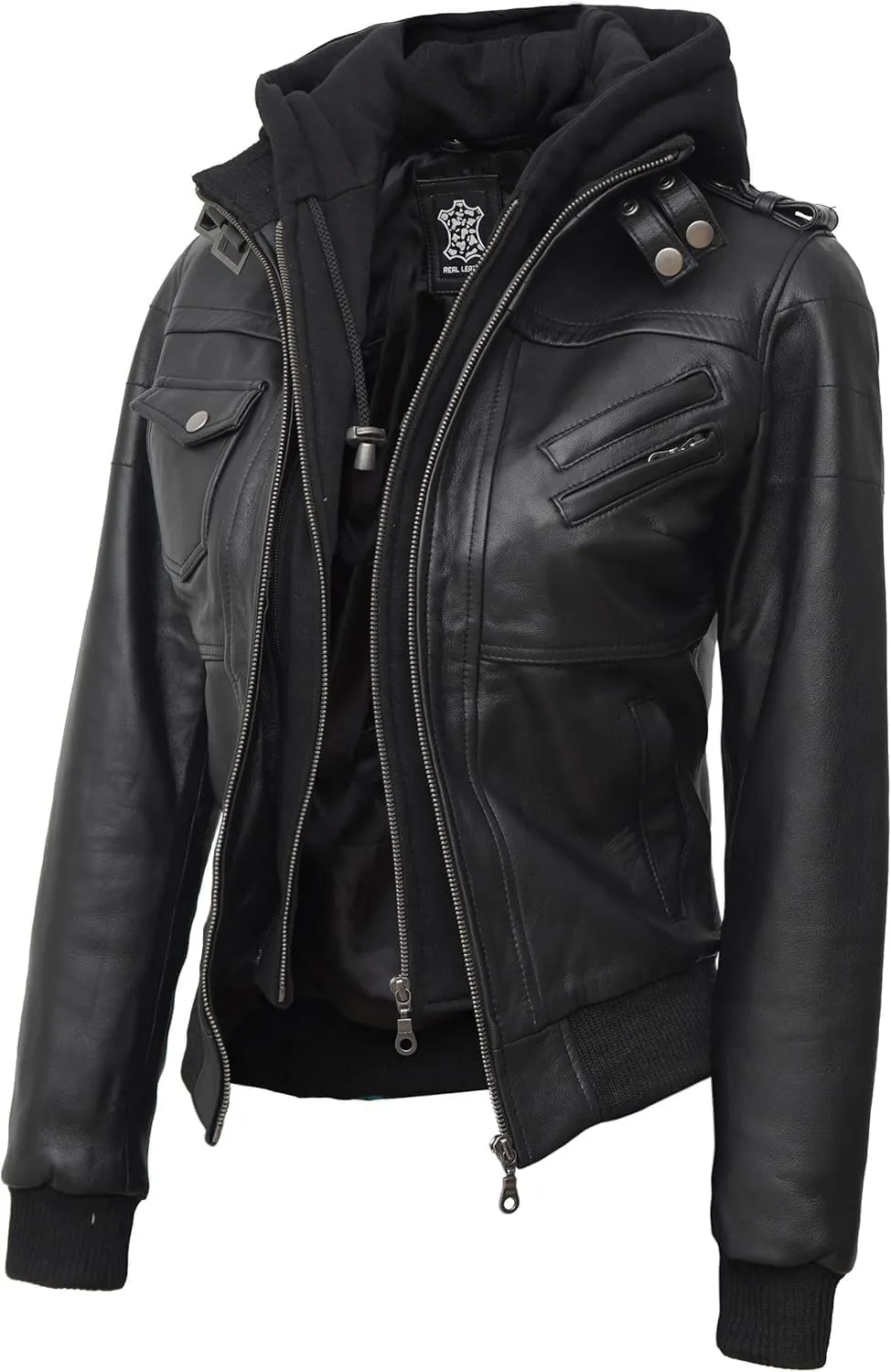 Decrum Leather Jacket Women - Casual Real Lambskin Leather Bomber Jacket Women with Detachable Hood