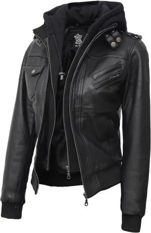 Decrum Leather Jacket Women - Casual Real Lambskin Leather Bomber Jacket Women with Detachable Hood