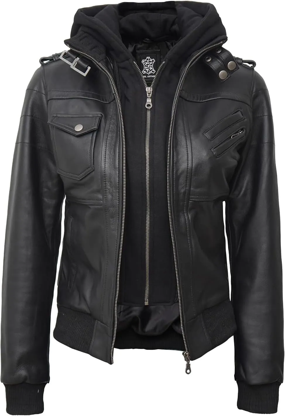 Decrum Leather Jacket Women - Casual Real Lambskin Leather Bomber Jacket Women with Detachable Hood
