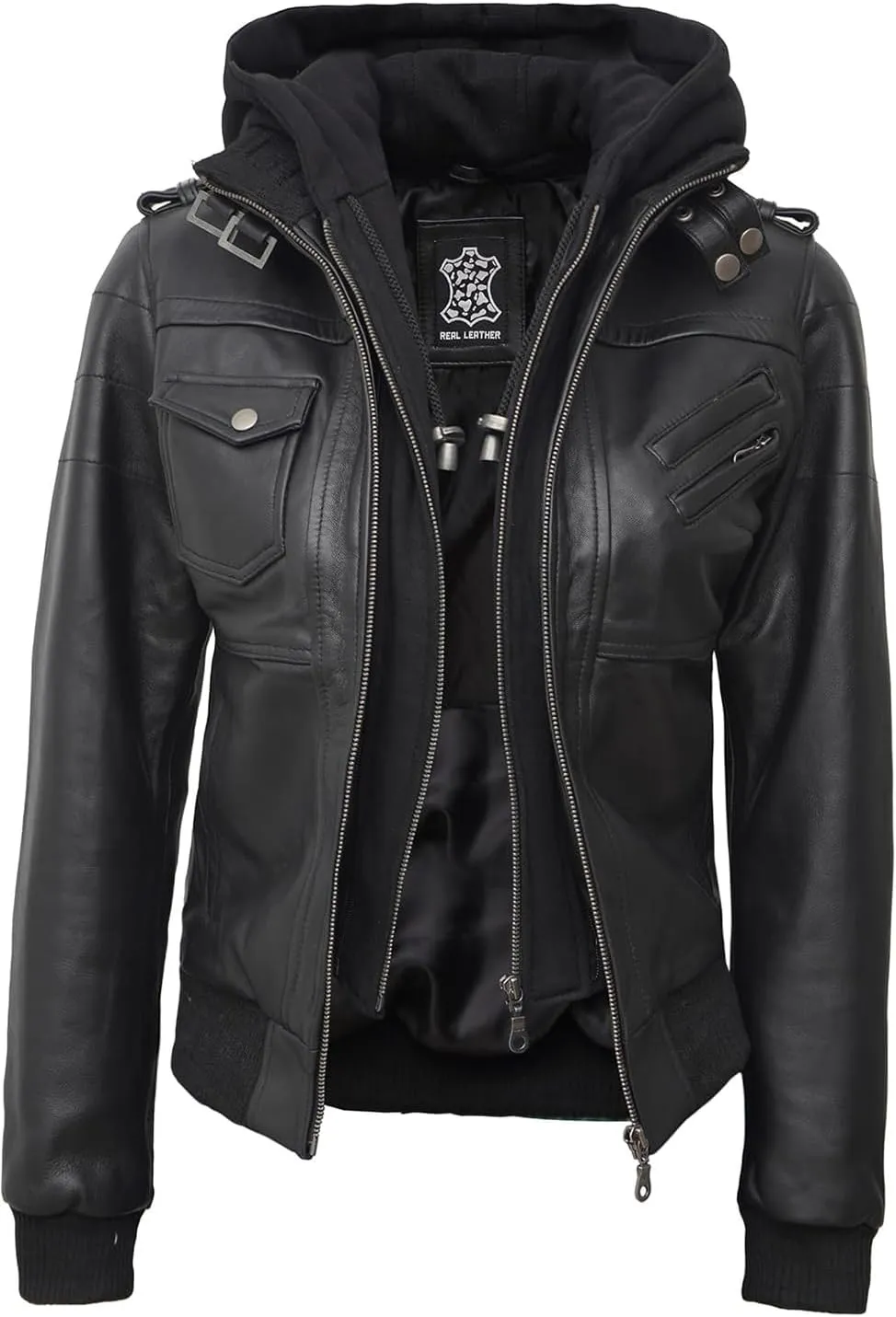 Decrum Leather Jacket Women - Casual Real Lambskin Leather Bomber Jacket Women with Detachable Hood