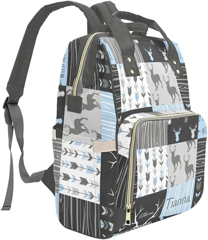 Deer Elk Antlers Feather Arrow Patchwork Diaper Bags with Name Waterproof Mummy Backpack Nappy Nursing Baby Bags Gifts Tote Bag for Women