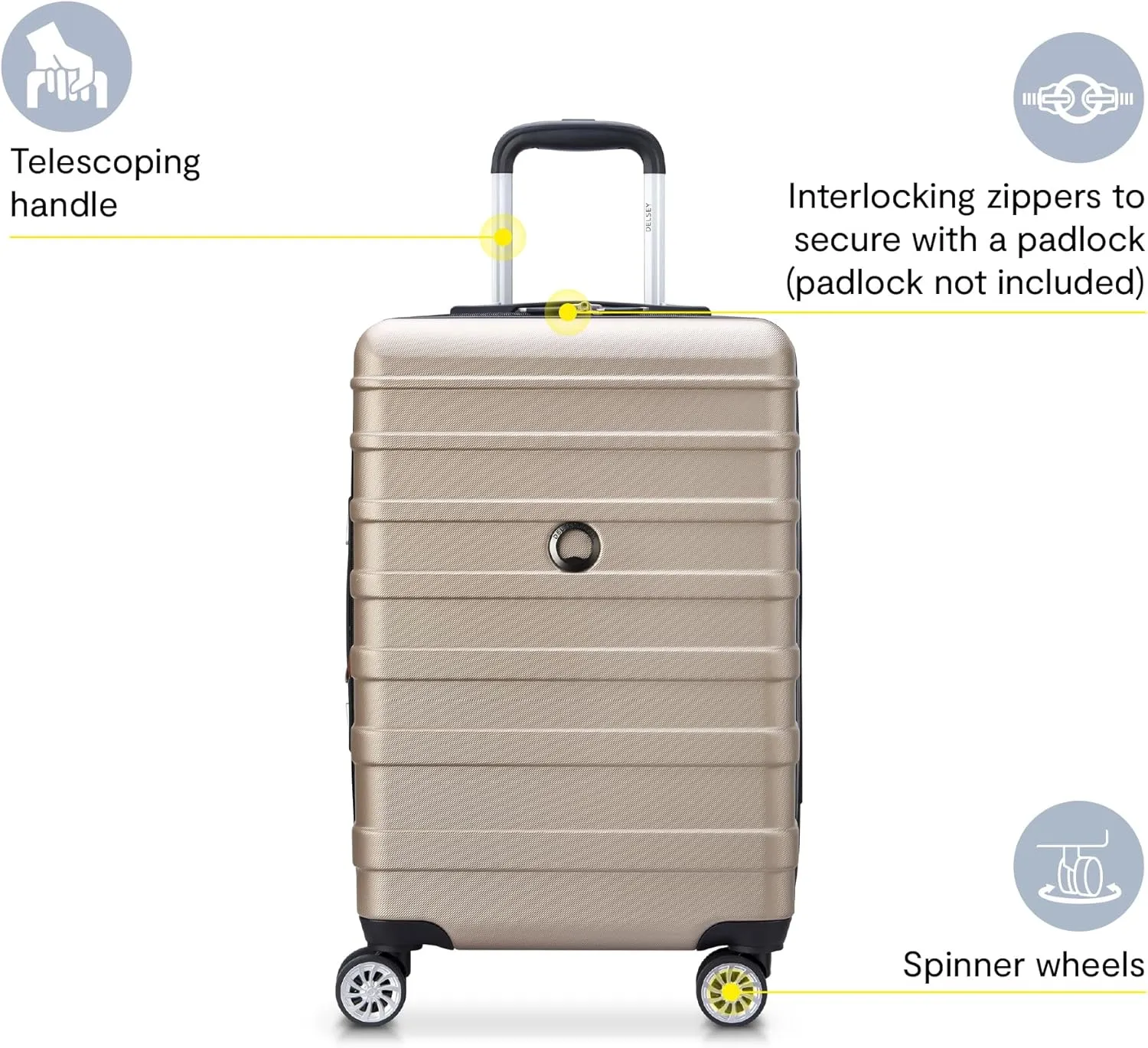 DELSEY PARIS Margot Hardside Luggage, Dual Wheel Spinners for Smooth Travel, Expandable with Spacious & Organizable compartments, Men and Women, Gold, Medium Check-In 24-Inch