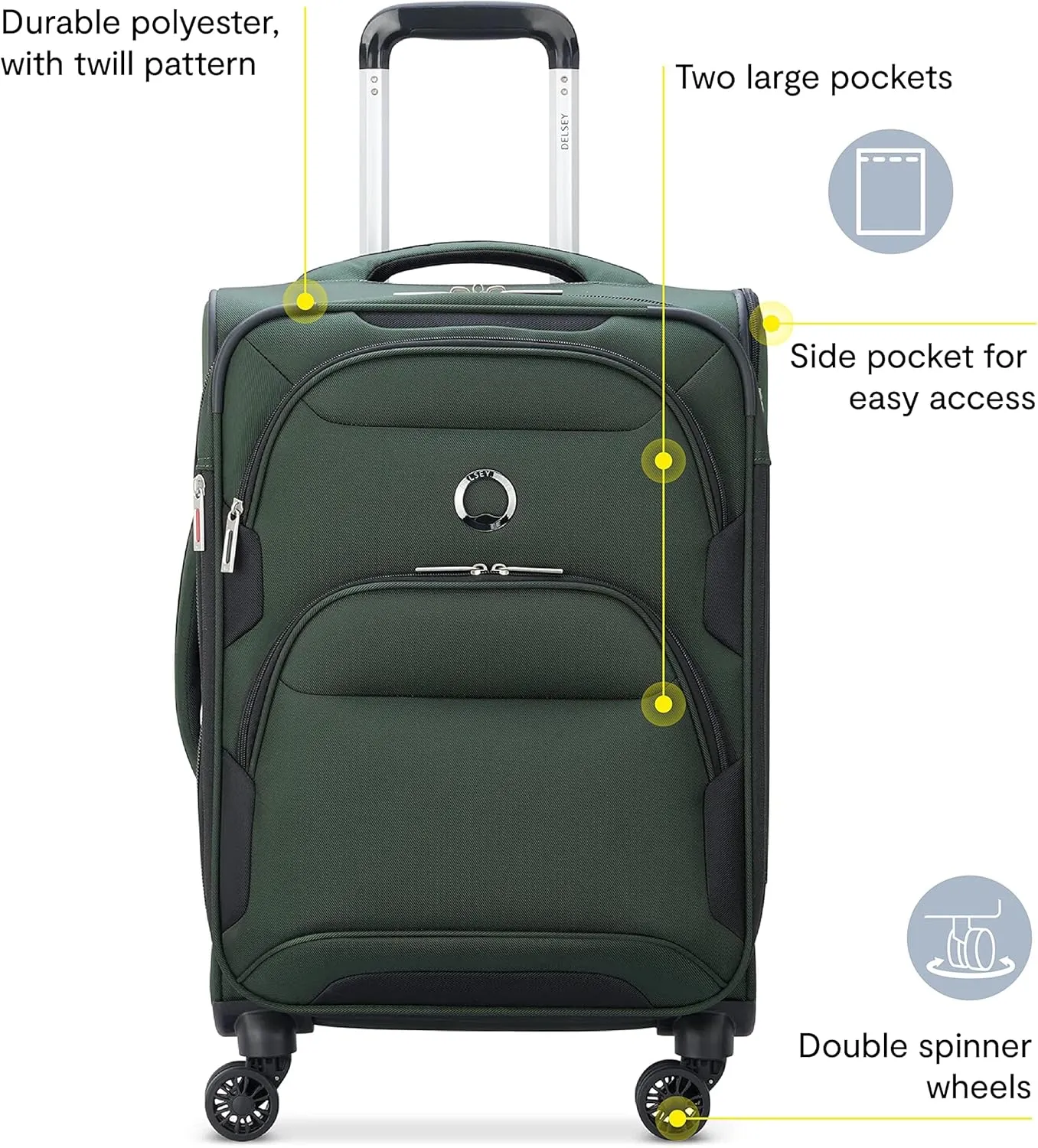 DELSEY PARIS Sky Max 2.0 Softside Expandable Luggage with Spinner Wheels, Green, 2-Piece Set (21/Duffle)