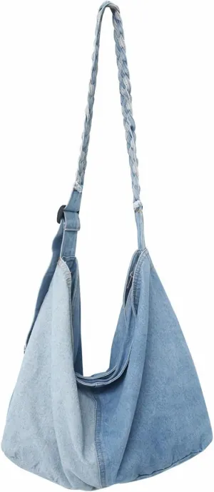 Denim Shoulder Bag Casual Retro Splice Crossbody Handbag Hobo Beach Travel Shopper Tote Canvas Purse Women