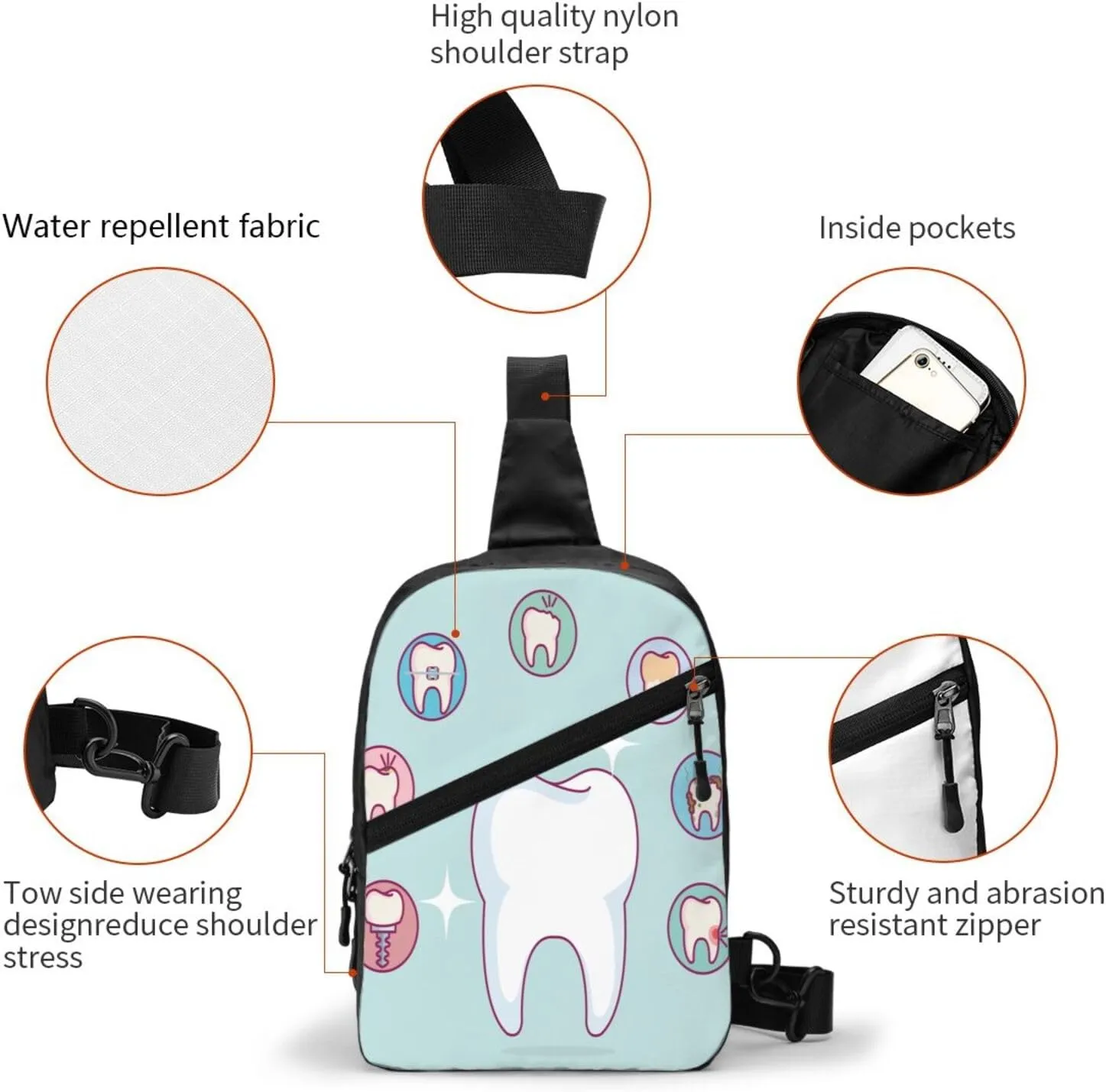 Dental Care Tooth Teeth Sling Bag for Men Women, Small Crossbody Sling Backpack Shoulder Chest Bag, Anti Theft Travel Hiking Sports