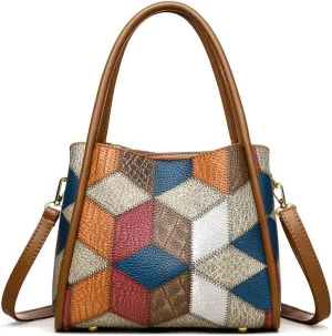Designer Geometric Patchwork Handbag, Leather Tote with Shoulder Strap, Multi-Color