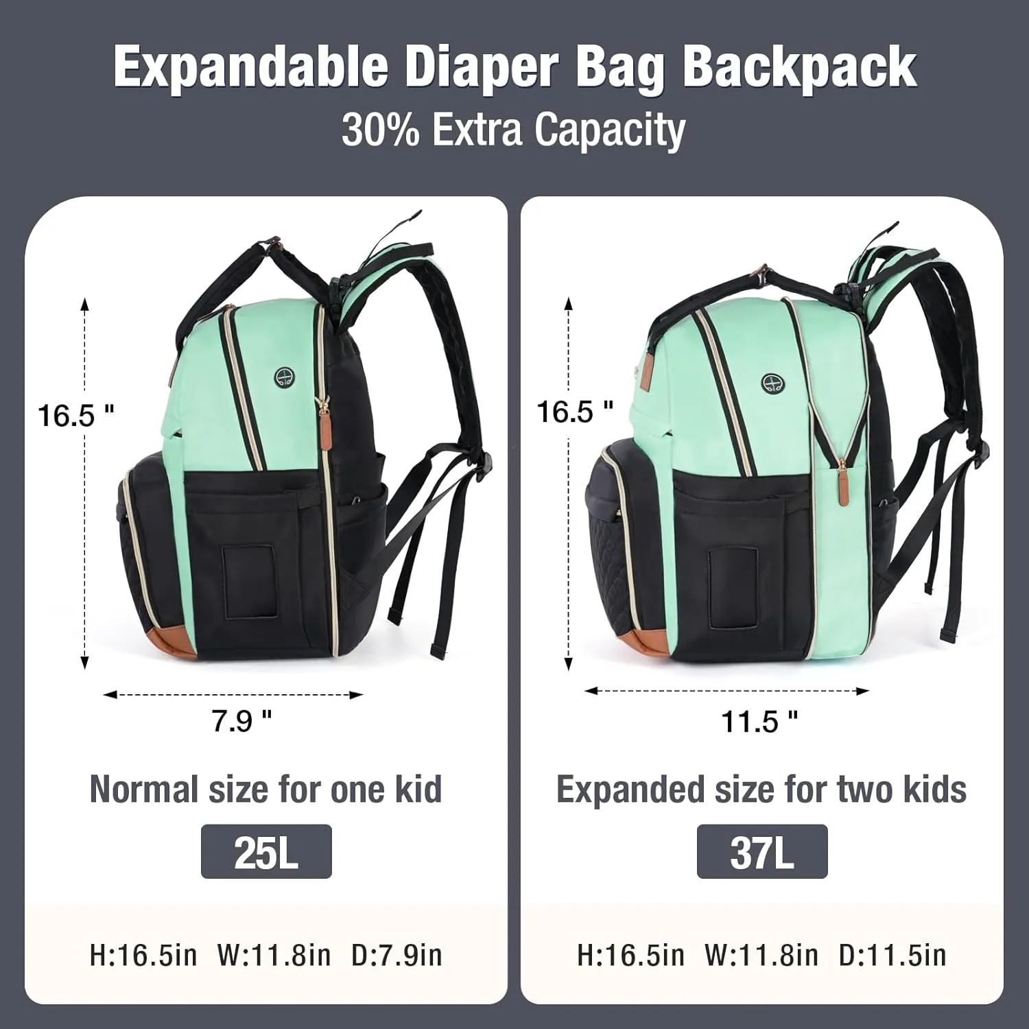 Diaper Bag Backpack - Extra Large Diaper Bag for 2 Kids Twin, Travel Baby Bags for Mom Dad 25-37L Expandable with Changing Pad Earphone Hole, Green Black