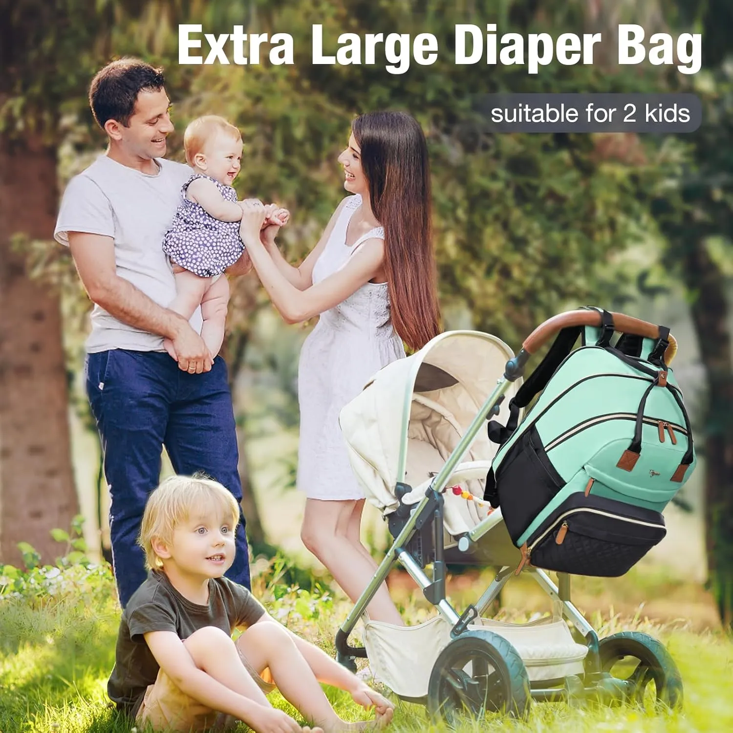 Diaper Bag Backpack - Extra Large Diaper Bag for 2 Kids Twin, Travel Baby Bags for Mom Dad 25-37L Expandable with Changing Pad Earphone Hole, Green Black
