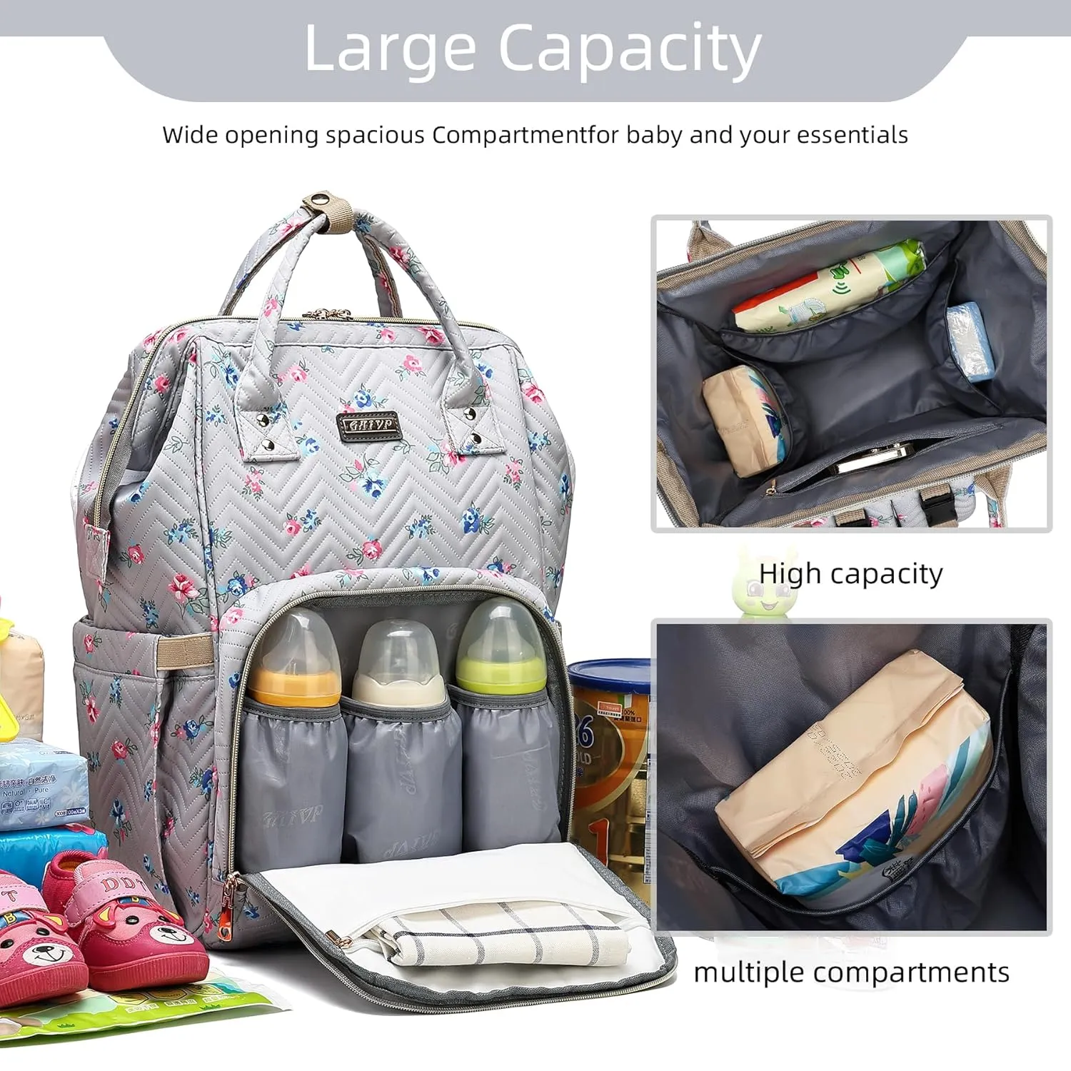 Diaper Bag Backpack for Women, Baby Bags for Girls,Diaper Bag with Changing Pad, and Insulated Pockets-Grey Flowers