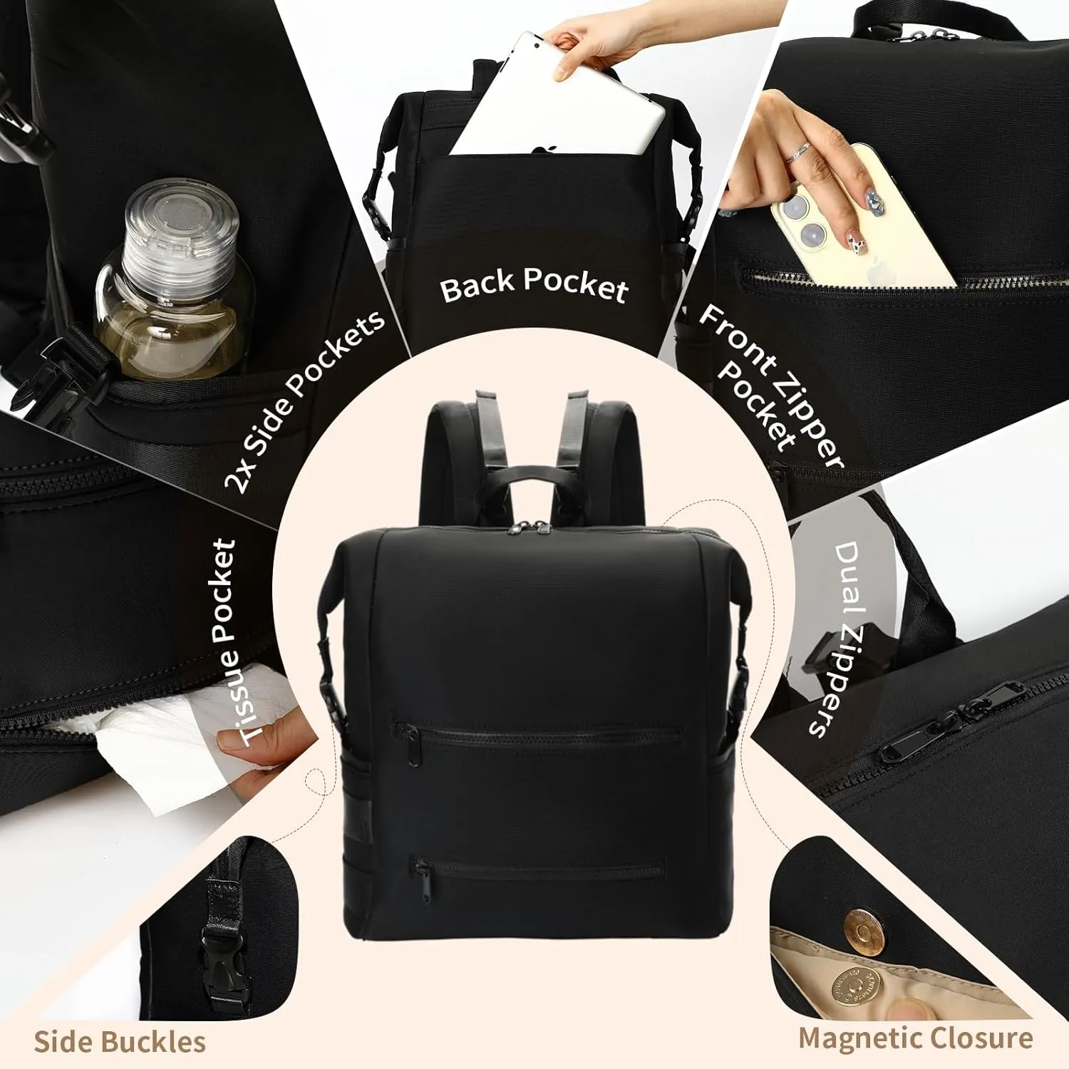 Diaper Bag Backpack,Large Neoprene Baby Bag for Boys Girls with 15 Diaper Bag Organizer,2 Insulated Pockets,Changing Pad,Stroller Straps,Black