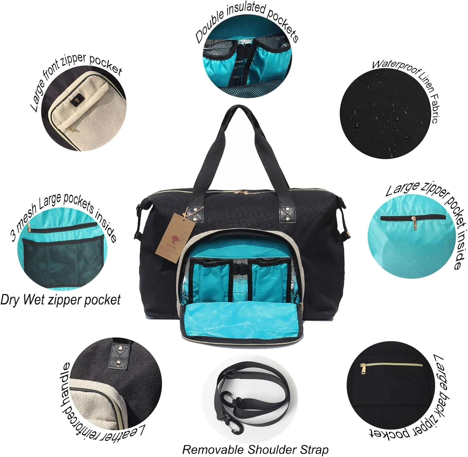 Diaper Bag Tote, Travel Overnight Carry-on Duffel Gym Bag, Multifunction Linen Canvas Dry Wet Maternity weekender
