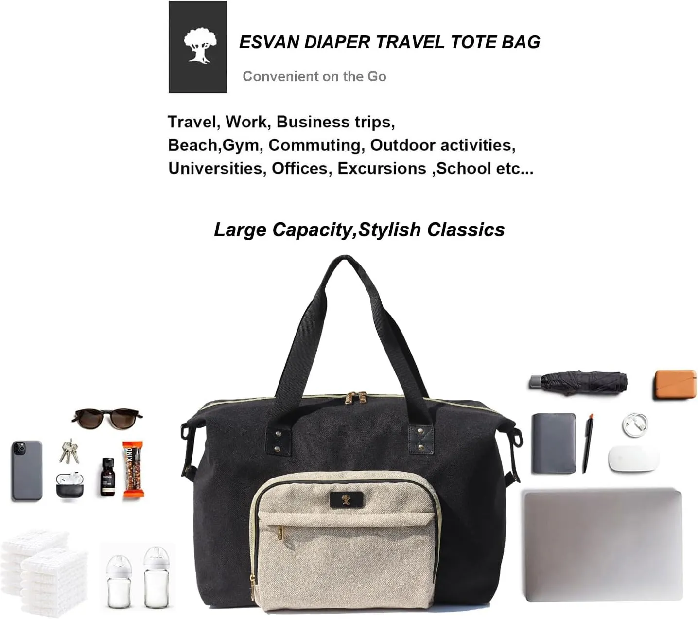 Diaper Bag Tote, Travel Overnight Carry-on Duffel Gym Bag, Multifunction Linen Canvas Dry Wet Maternity weekender