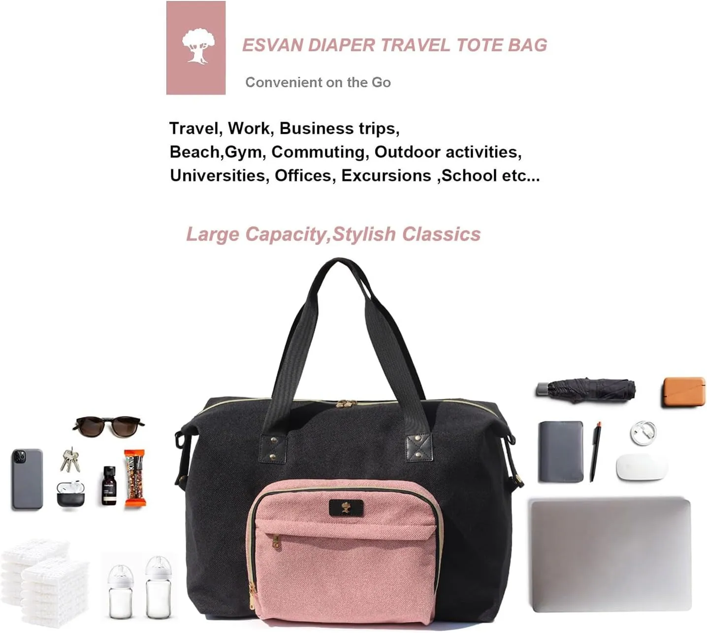 Diaper Bag Tote, Travel Overnight Carry-on Duffel Gym Bag, Multifunction Linen Canvas Dry Wet Maternity weekender