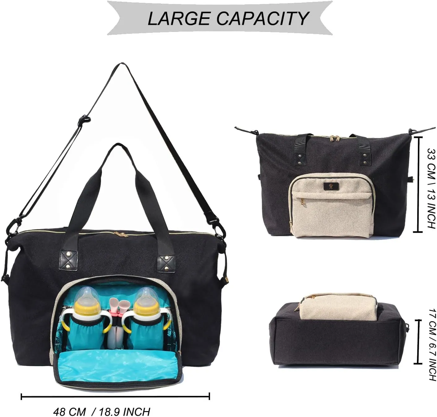 Diaper Bag Tote, Travel Overnight Carry-on Duffel Gym Bag, Multifunction Linen Canvas Dry Wet Maternity weekender