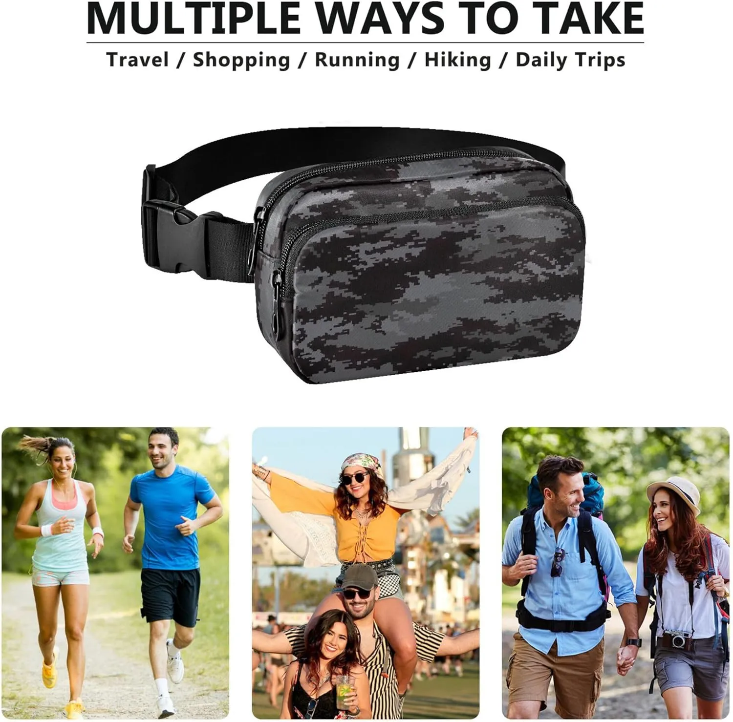 Digital Pixel Camouflage Black Women Fanny Packs Hip Pack Belt Bag Waterproof Flower Waist Pouches for Men