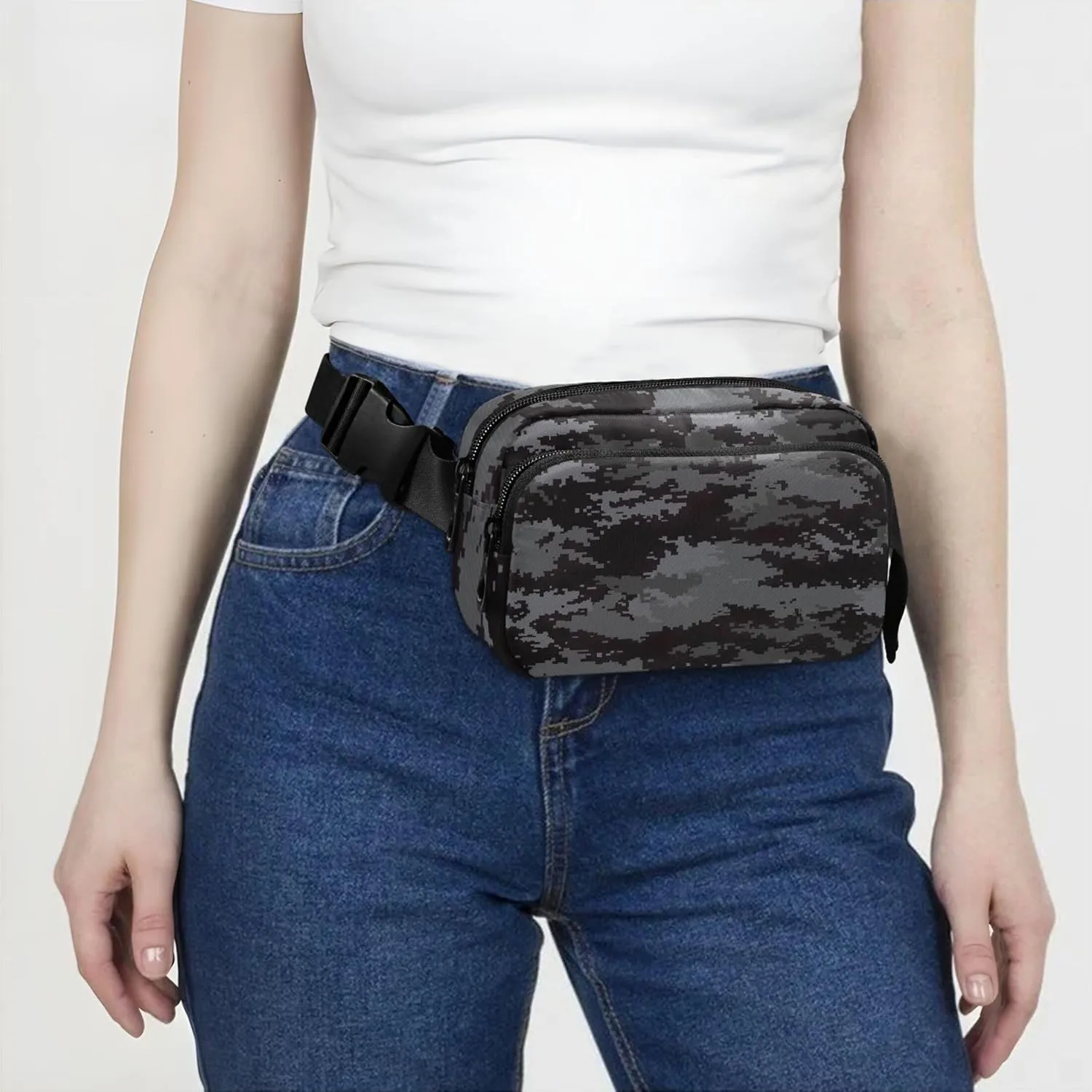 Digital Pixel Camouflage Black Women Fanny Packs Hip Pack Belt Bag Waterproof Flower Waist Pouches for Men
