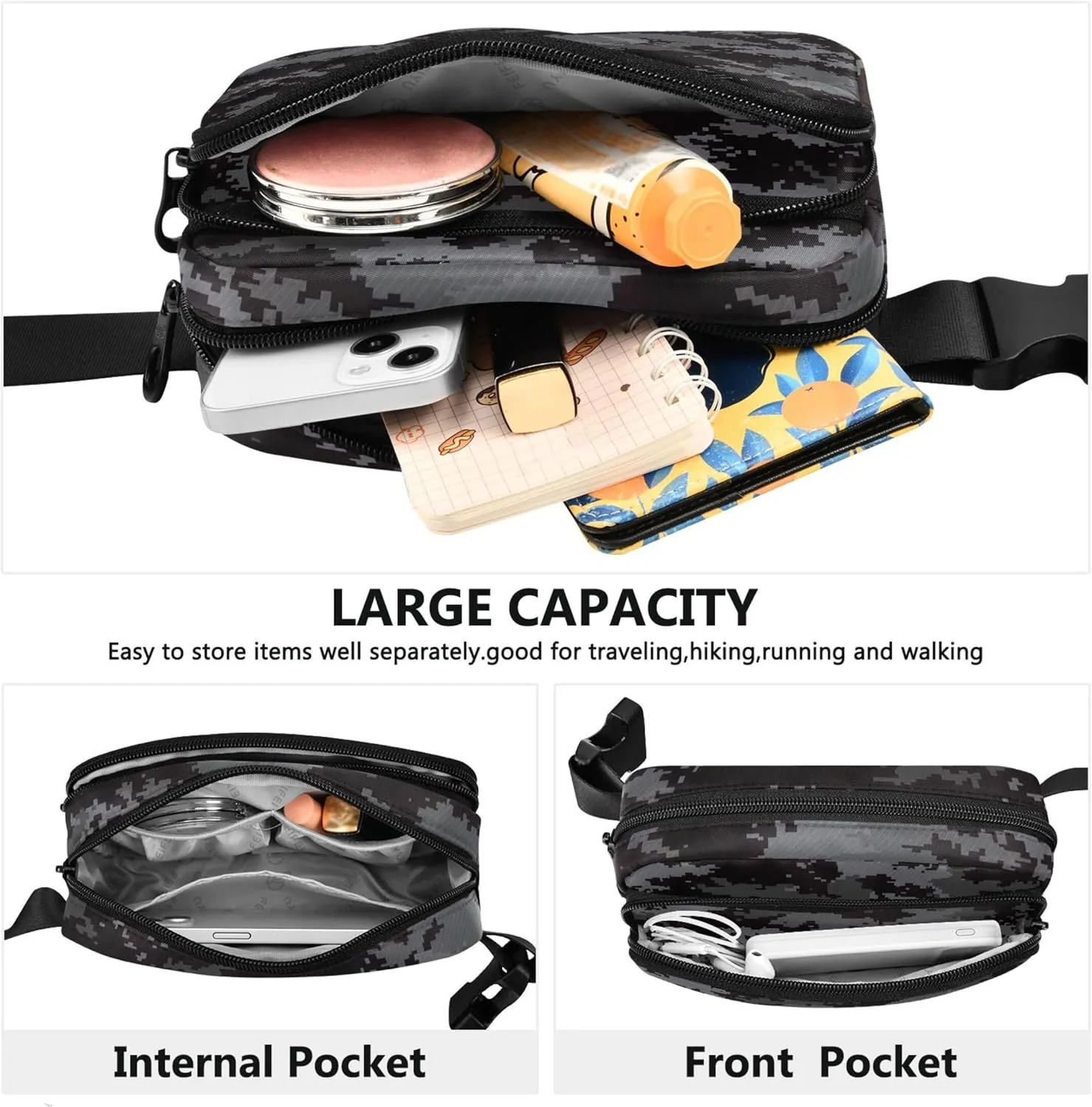 Digital Pixel Camouflage Black Women Fanny Packs Hip Pack Belt Bag Waterproof Flower Waist Pouches for Men