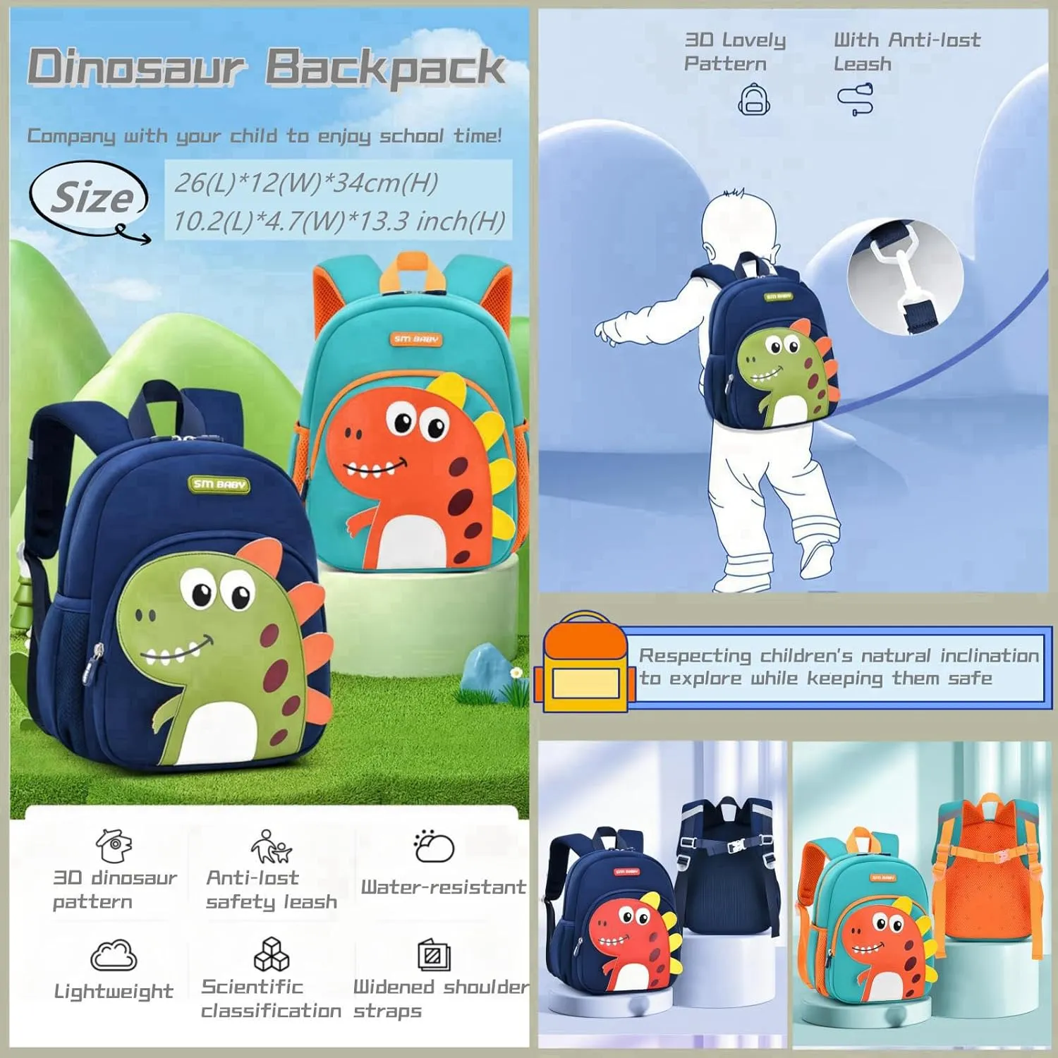 Dinosaur Anti-lost Kids Backpack for Kindergarten Preschool Boys with Safety Leash, Lightweight Boys Small Backpack Daycare Bag, A-Dark-blue Green