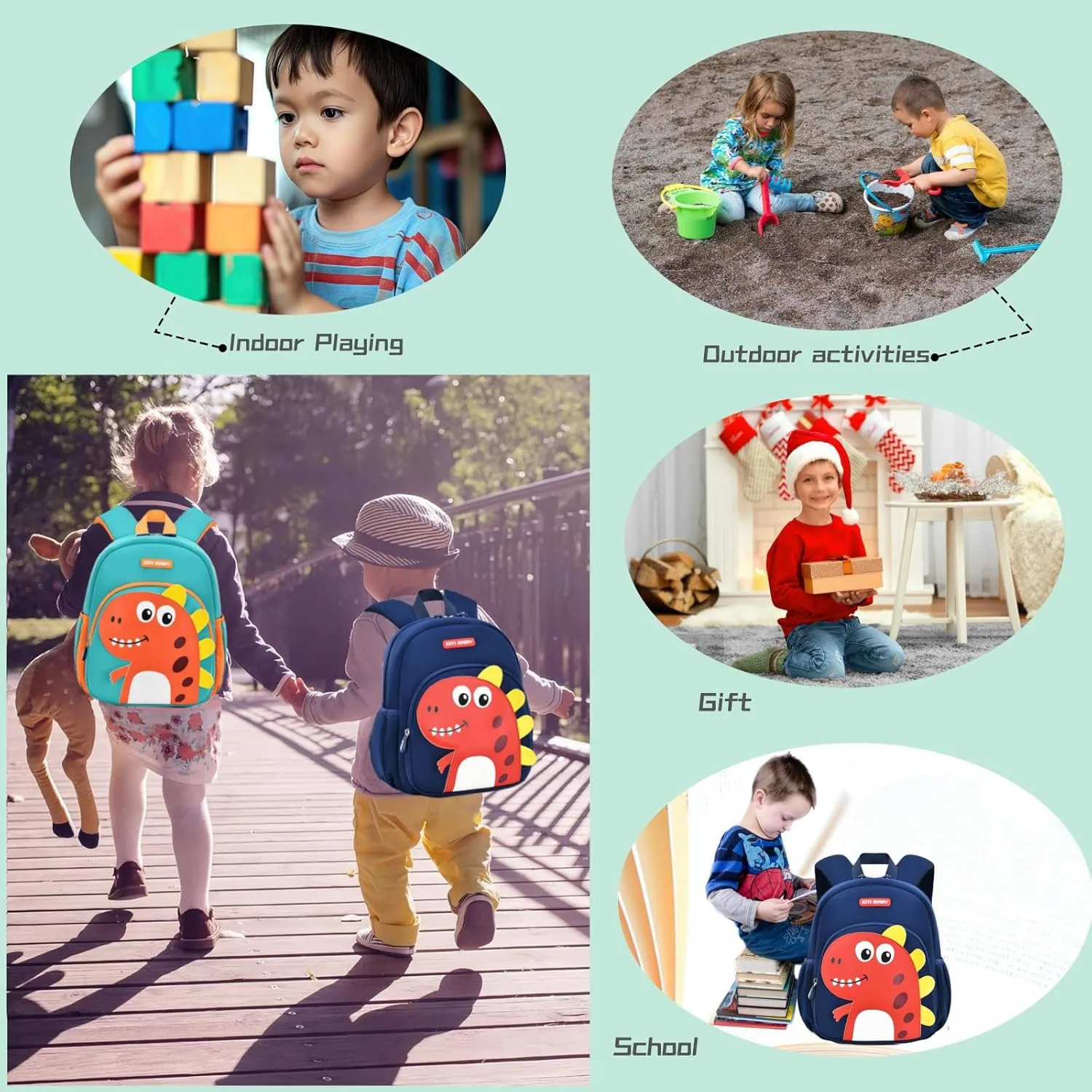 Dinosaur Anti-lost Kids Backpack for Kindergarten Preschool Boys with Safety Leash, Lightweight Boys Small Backpack Daycare Bag, A-Dark-blue Green