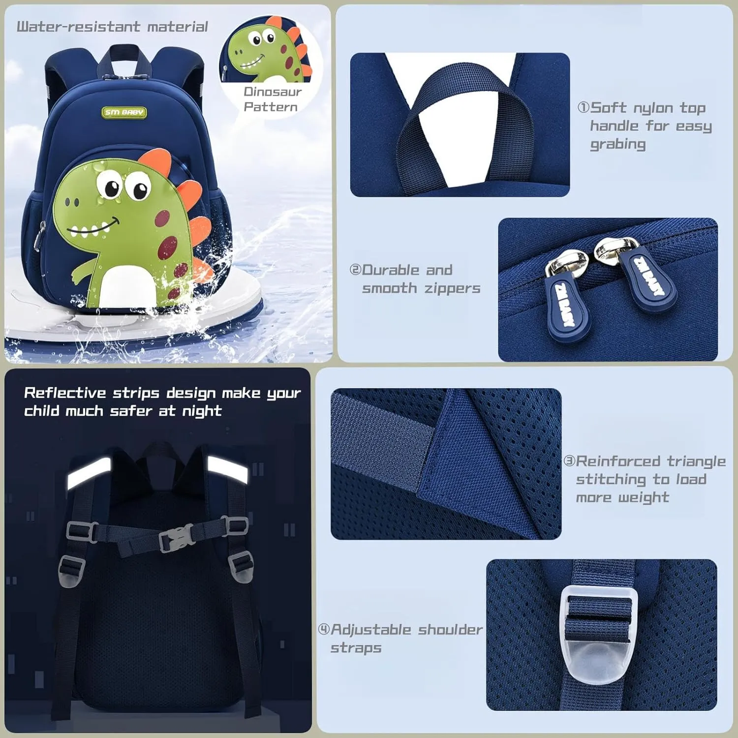 Dinosaur Anti-lost Kids Backpack for Kindergarten Preschool Boys with Safety Leash, Lightweight Boys Small Backpack Daycare Bag, A-Dark-blue Green