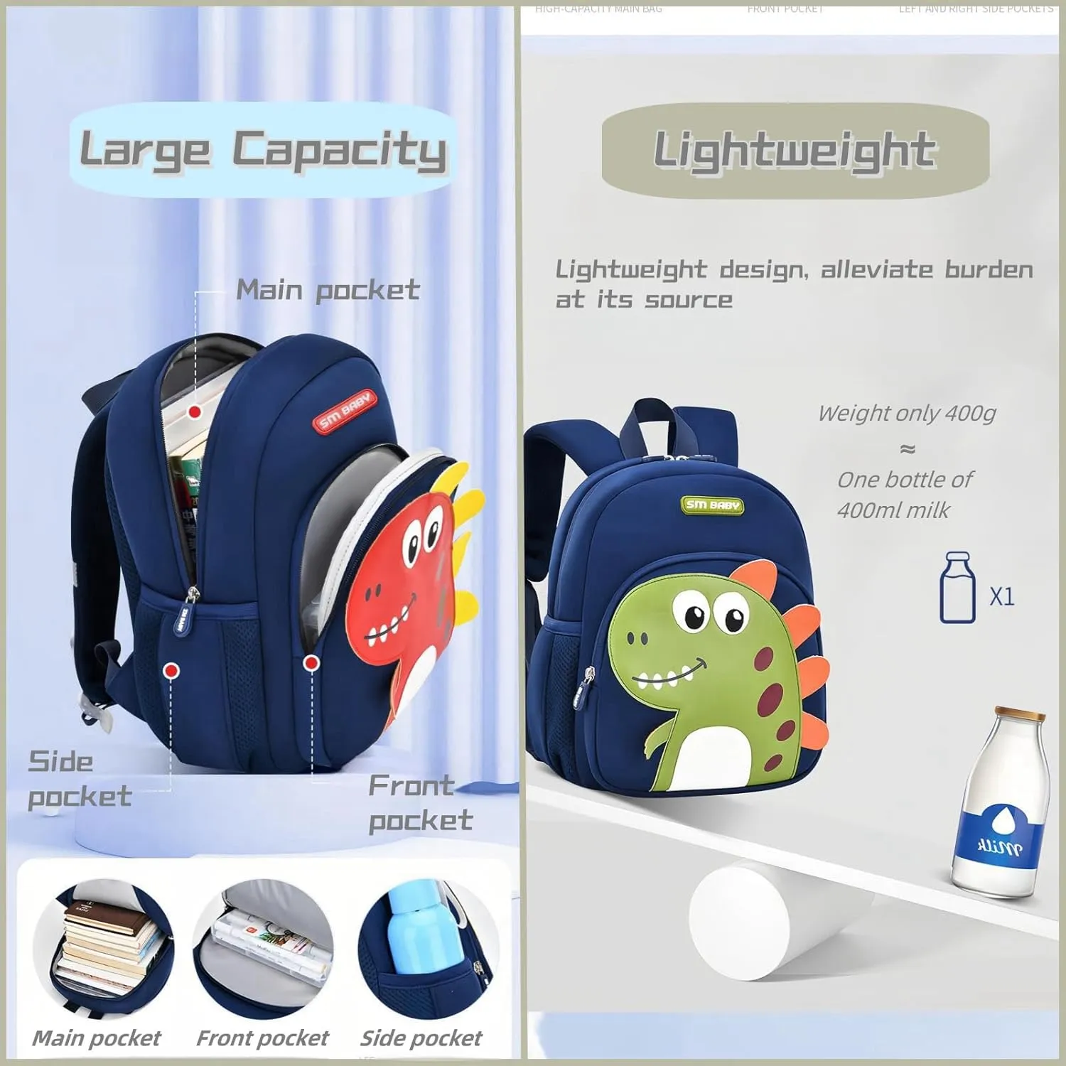 Dinosaur Anti-lost Kids Backpack for Kindergarten Preschool Boys with Safety Leash, Lightweight Boys Small Backpack Daycare Bag, A-Dark-blue Green