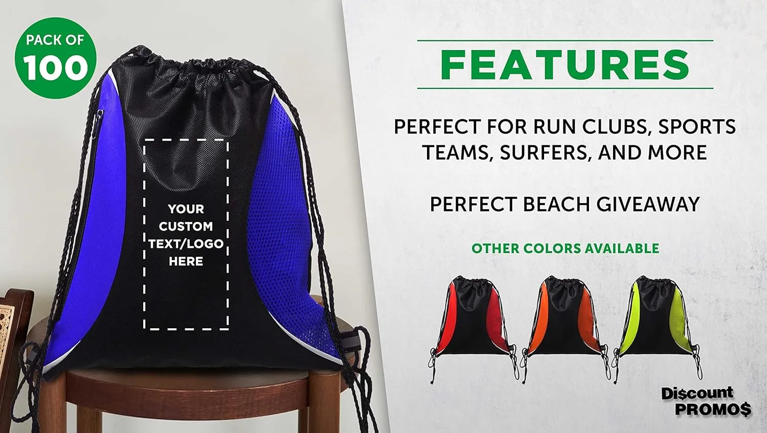 DISCOUNT PROMOS 100 Zipper Side Drawstring Backpacks Set - Customizable Text, Logo - Two tone, Minimalist, Black Ink - Blue