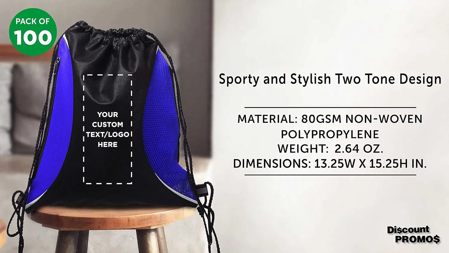 DISCOUNT PROMOS 100 Zipper Side Drawstring Backpacks Set - Customizable Text, Logo - Two tone, Minimalist, Black Ink - Blue