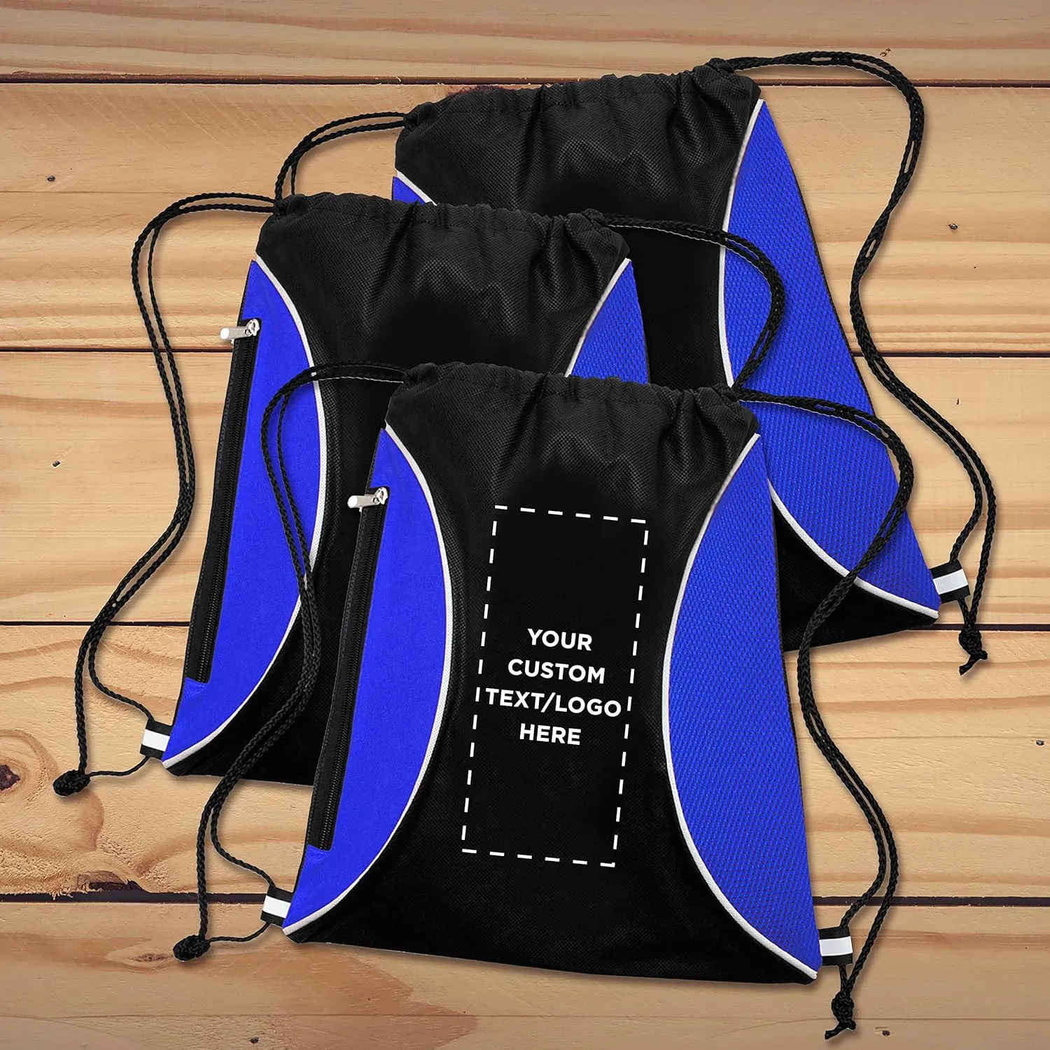 DISCOUNT PROMOS 100 Zipper Side Drawstring Backpacks Set - Customizable Text, Logo - Two tone, Minimalist, Black Ink - Blue