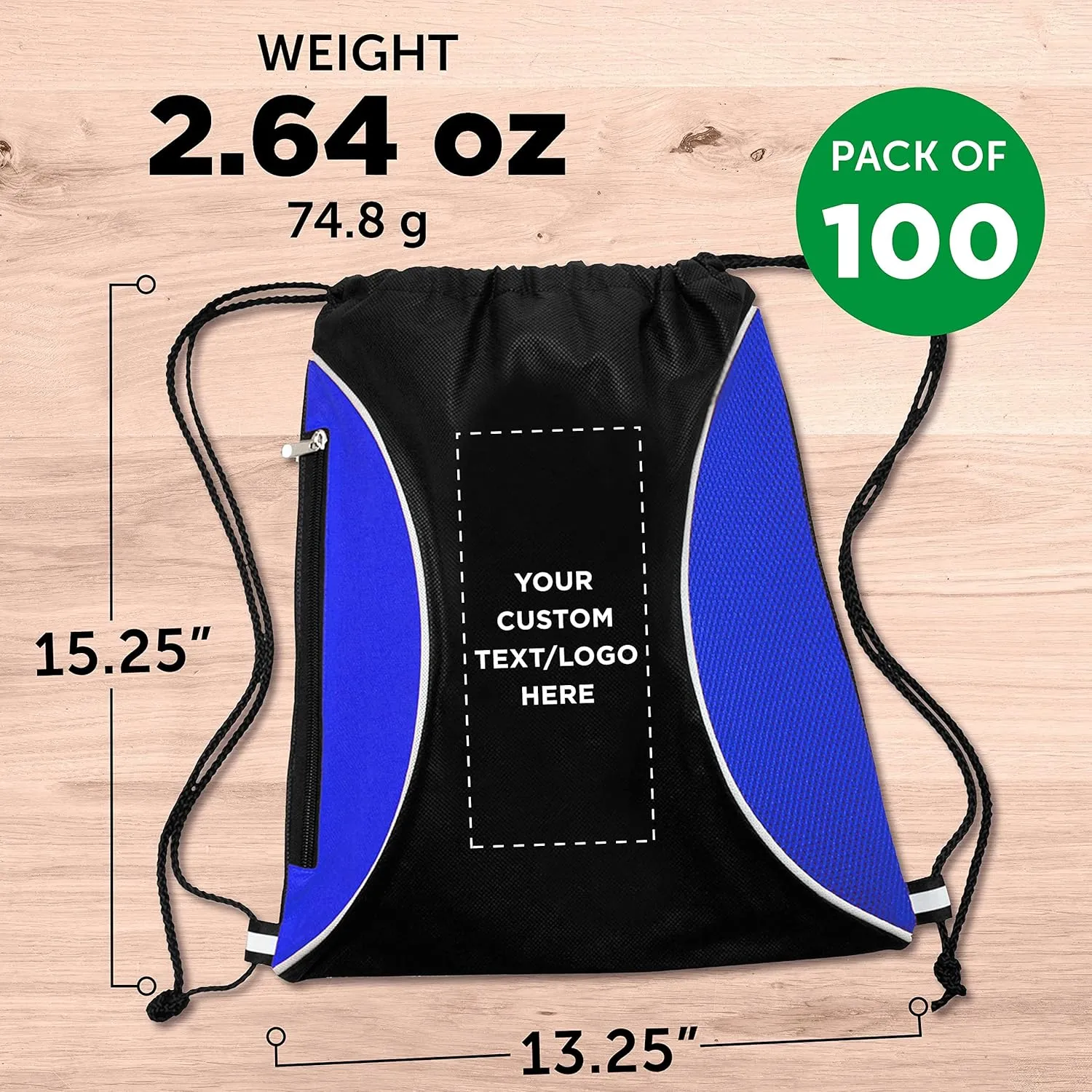 DISCOUNT PROMOS 100 Zipper Side Drawstring Backpacks Set - Customizable Text, Logo - Two tone, Minimalist, Black Ink - Blue