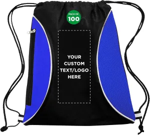 DISCOUNT PROMOS 100 Zipper Side Drawstring Backpacks Set - Customizable Text, Logo - Two tone, Minimalist, Black Ink - Blue
