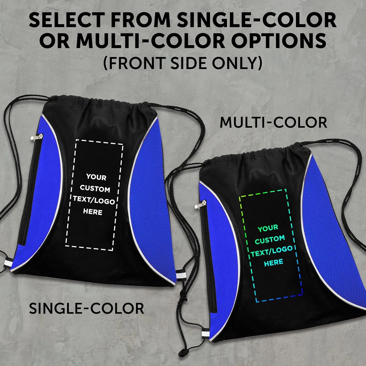 DISCOUNT PROMOS 100 Zipper Side Drawstring Backpacks Set - Customizable Text, Logo - Two tone, Minimalist, Black Ink - Blue