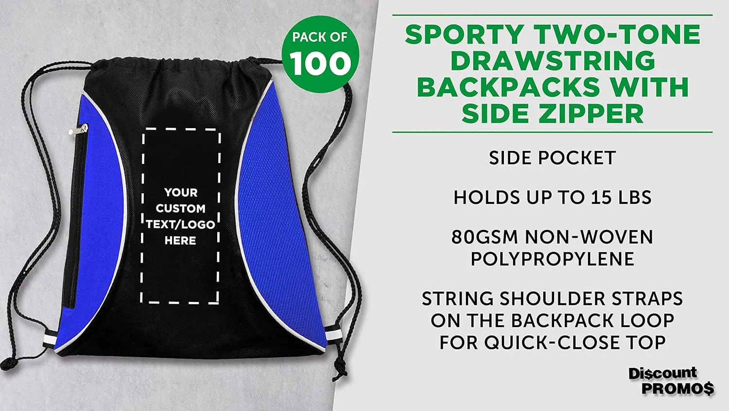 DISCOUNT PROMOS 100 Zipper Side Drawstring Backpacks Set - Customizable Text, Logo - Two tone, Minimalist, Black Ink - Blue