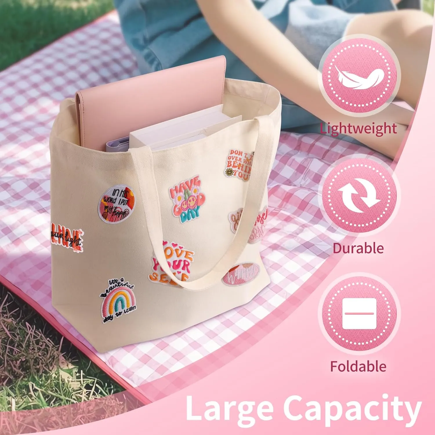 DIY Canvas Tote Bag for Women, Cute Reusable Aesthetic Tote Bag with 17 Pcs Hot Meltadhesive Patterns, Unique Gifts, Bohemian Style
