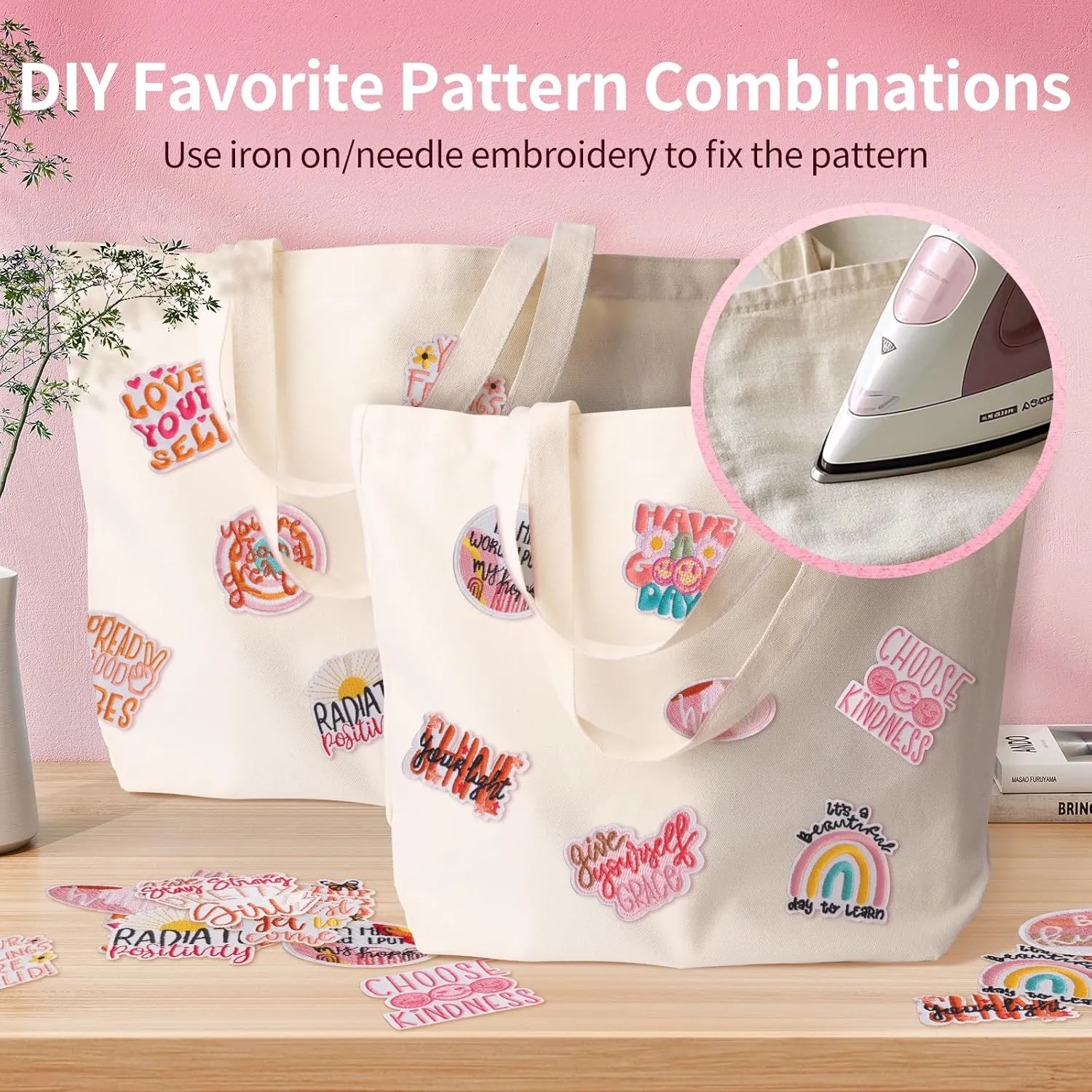 DIY Canvas Tote Bag for Women, Cute Reusable Aesthetic Tote Bag with 17 Pcs Hot Meltadhesive Patterns, Unique Gifts, Bohemian Style