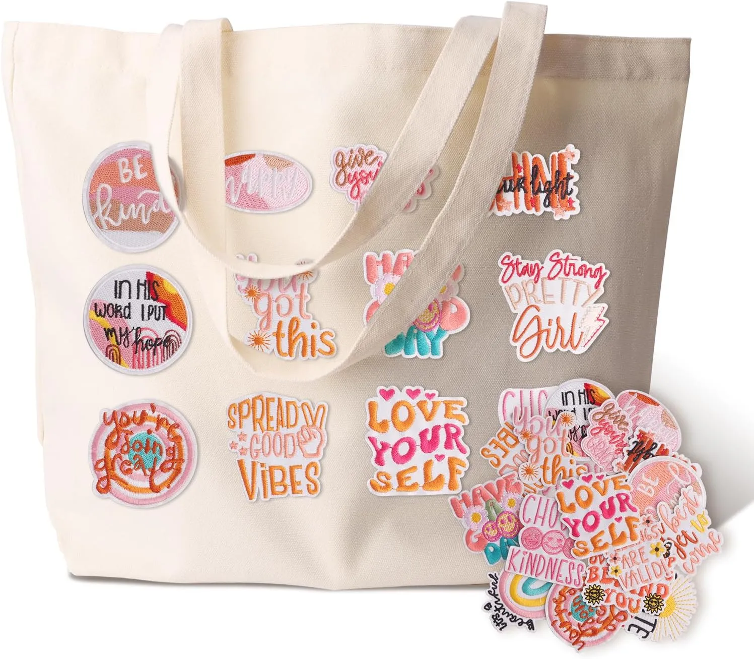 DIY Canvas Tote Bag for Women, Cute Reusable Aesthetic Tote Bag with 17 Pcs Hot Meltadhesive Patterns, Unique Gifts, Bohemian Style