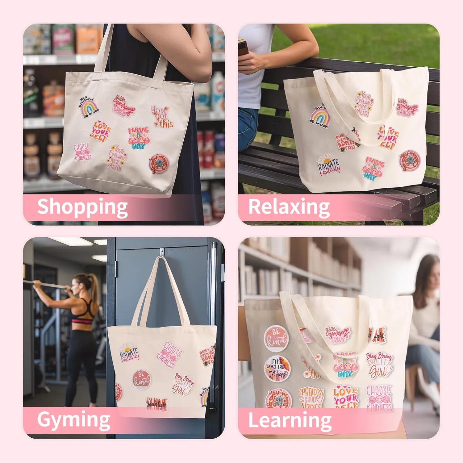 DIY Canvas Tote Bag for Women, Cute Reusable Aesthetic Tote Bag with 17 Pcs Hot Meltadhesive Patterns, Unique Gifts, Bohemian Style