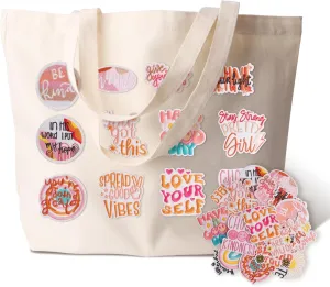 DIY Canvas Tote Bag for Women, Cute Reusable Aesthetic Tote Bag with 17 Pcs Hot Meltadhesive Patterns, Unique Gifts, Bohemian Style
