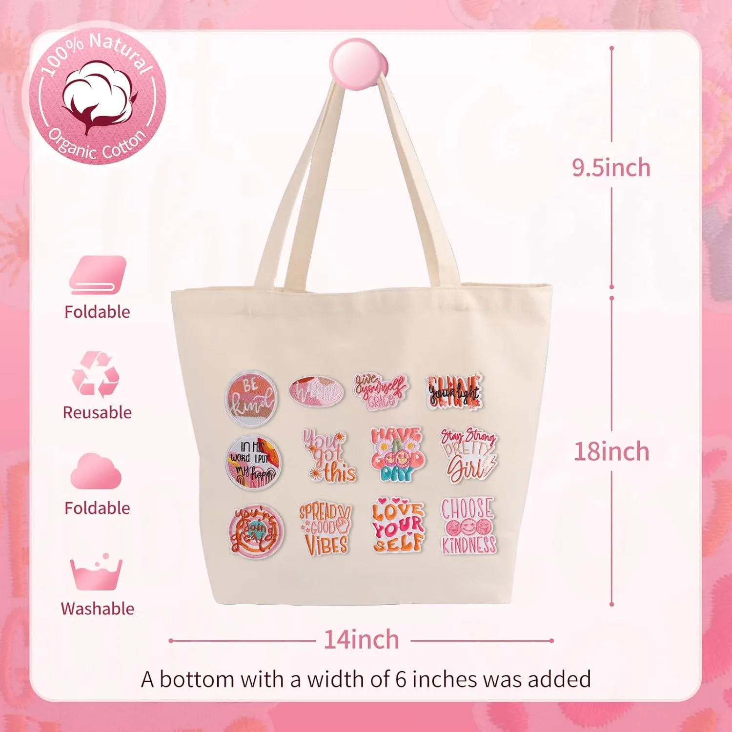 DIY Canvas Tote Bag for Women, Cute Reusable Aesthetic Tote Bag with 17 Pcs Hot Meltadhesive Patterns, Unique Gifts, Bohemian Style