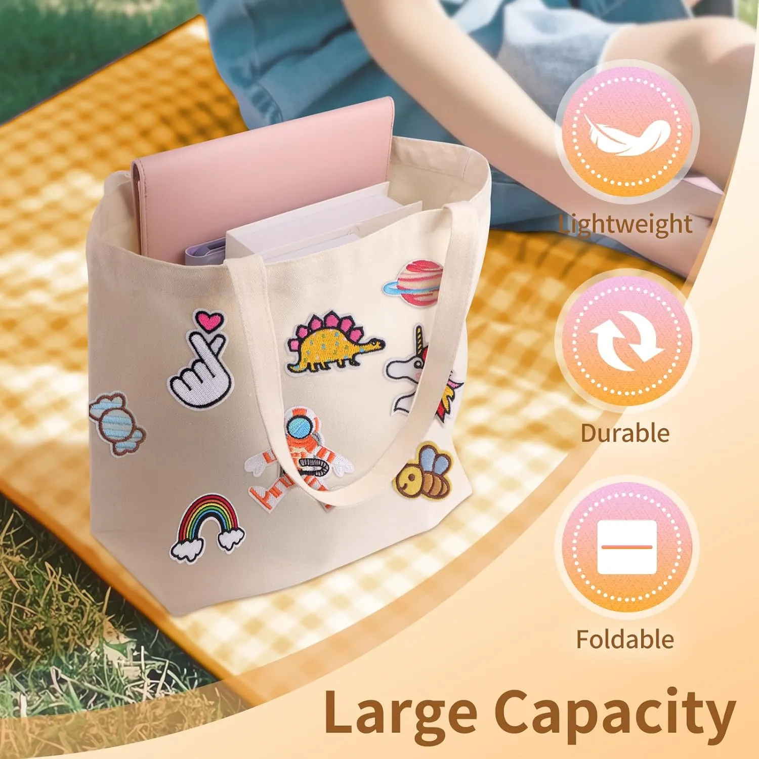 DIY Canvas Tote Bag for Women, Cute Reusable Aesthetic Tote Bag with 60 Pcs Hot Meltadhesive Patterns, Unique Gifts, Lovely style