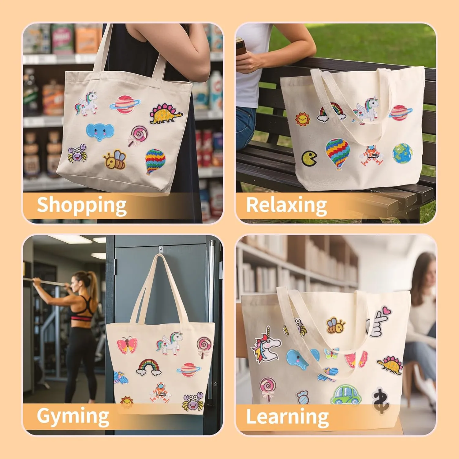 DIY Canvas Tote Bag for Women, Cute Reusable Aesthetic Tote Bag with 60 Pcs Hot Meltadhesive Patterns, Unique Gifts, Lovely style