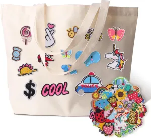 DIY Canvas Tote Bag for Women, Cute Reusable Aesthetic Tote Bag with 60 Pcs Hot Meltadhesive Patterns, Unique Gifts, Lovely style