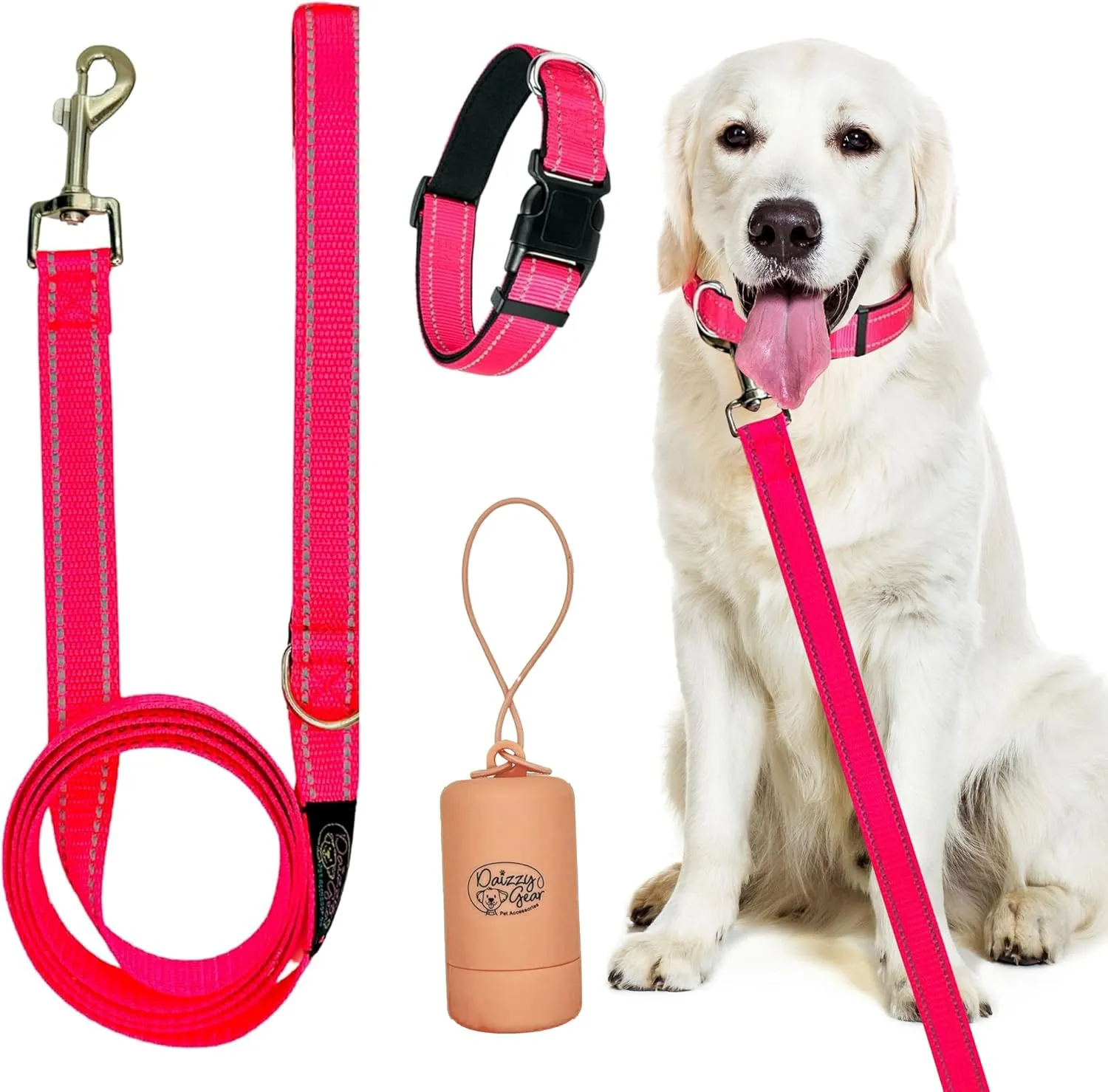 Dog Leash, Collar and Poop Bag Dispenser Set - High Reflective Durable Double Layer 5ft Leash for Small, Medium, Large Dogs - Soft Padded for Walking All Breeds Dogs (Pink, Small)
