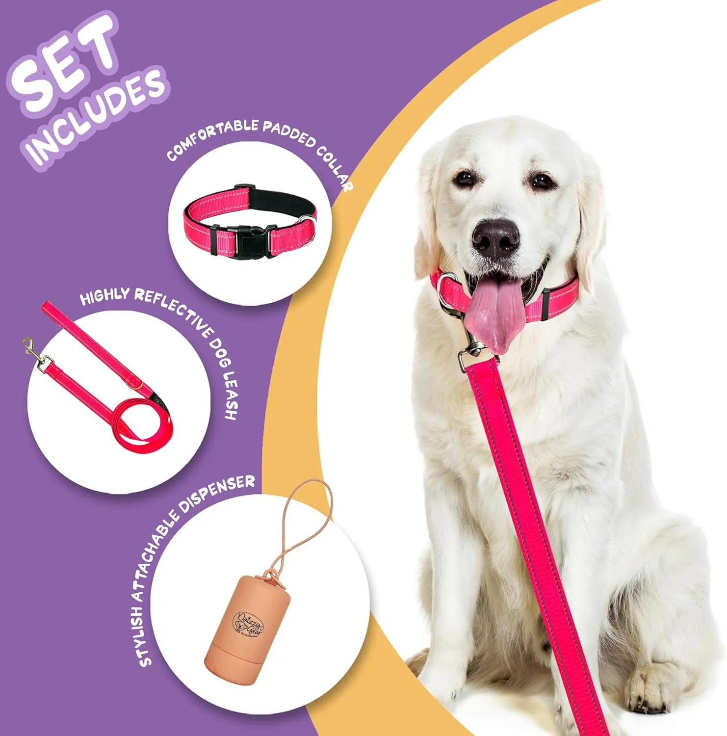 Dog Leash, Collar and Poop Bag Dispenser Set - High Reflective Durable Double Layer 5ft Leash for Small, Medium, Large Dogs - Soft Padded for Walking All Breeds Dogs (Pink, Small)