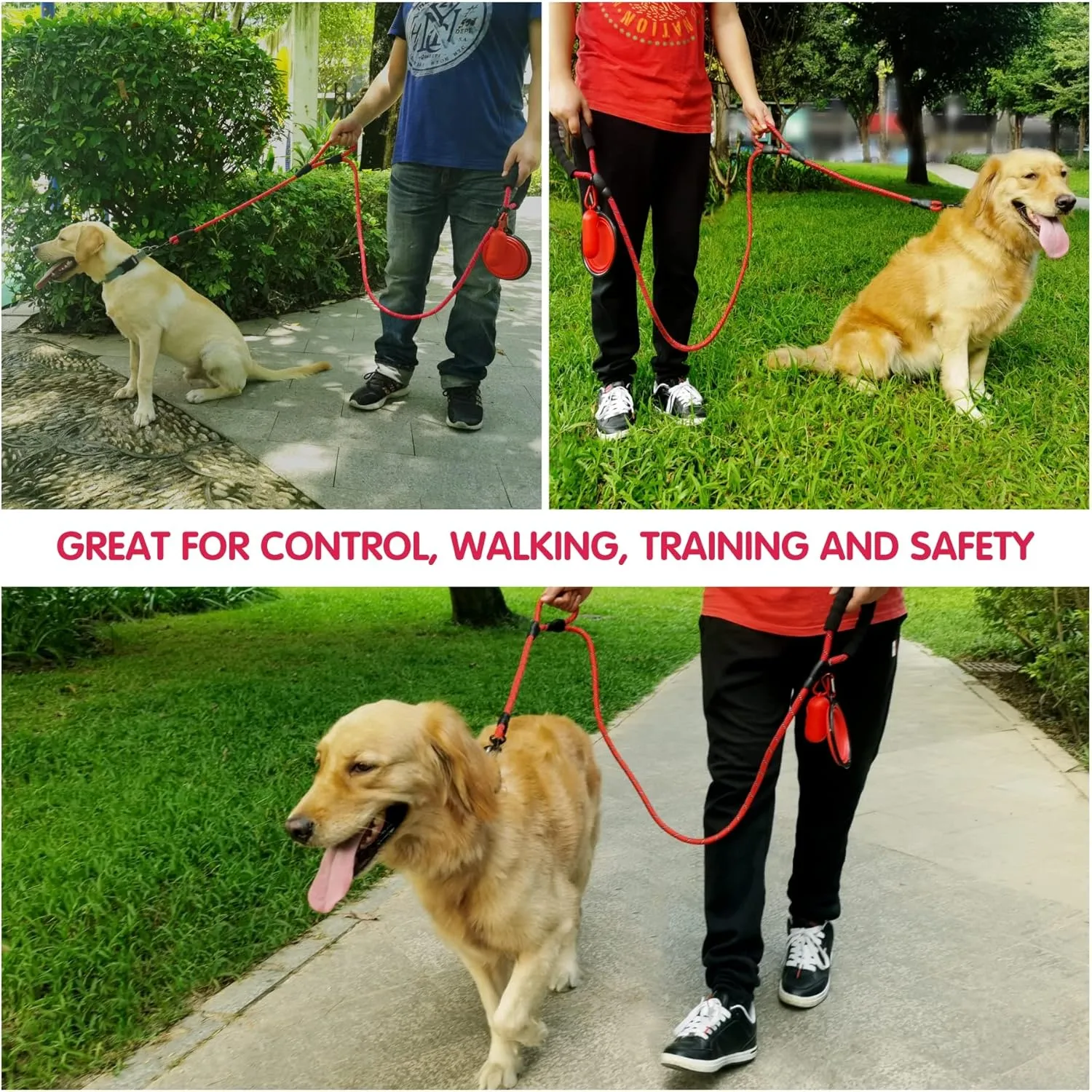 Dog Leash Heavy Duty 6ft, Double Handle Dog Leash with Padded Handle for Traffic Control, Reflective Rope Leashes for Large and Medium Dogs Control Safety Training at Night (Red)