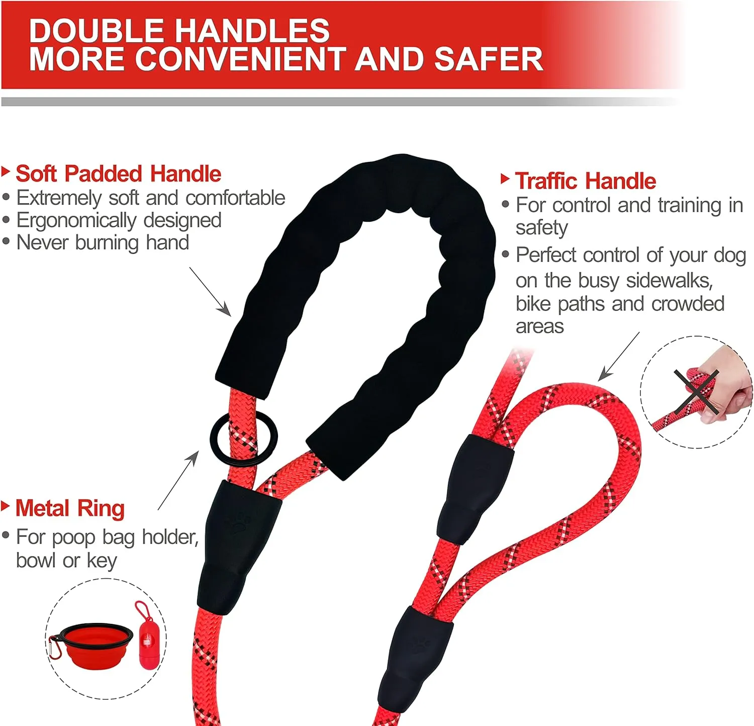 Dog Leash Heavy Duty 6ft, Double Handle Dog Leash with Padded Handle for Traffic Control, Reflective Rope Leashes for Large and Medium Dogs Control Safety Training at Night (Red)